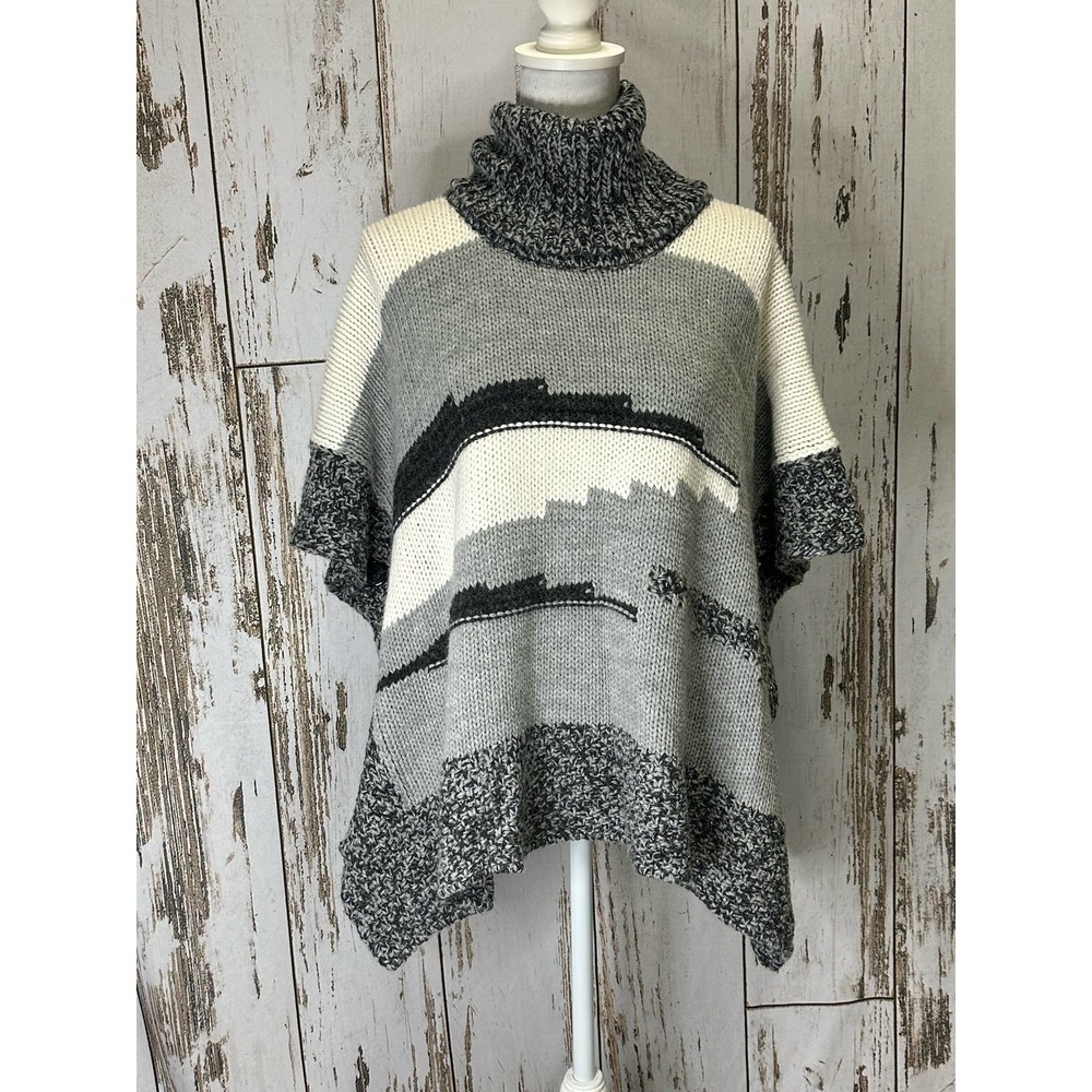 Graziella Nebbia Gray/White/Black Turtle Neck Knit Poncho Wool Blend Sweater - Picture 1 of 5
